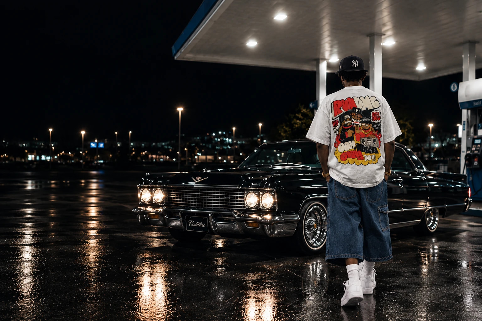 Chico de espaldas con camiseta oversized y bermuda ancha junto a un carro clásico en una gasolinera de noche